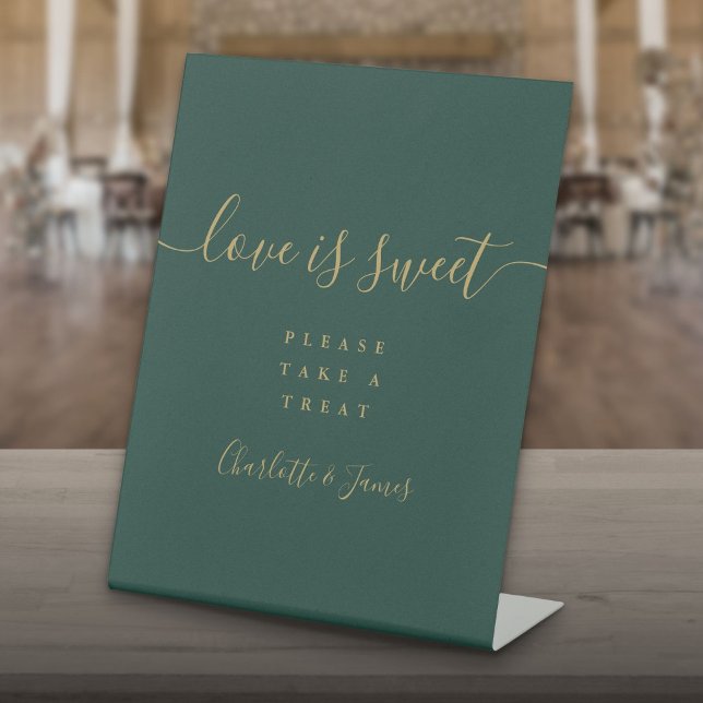 Emerald Green And Gold Script Love Is Sweet Favor Pedestal Sign (Emerald Green And Gold Script Love Is Sweet Favor Pedestal Sign)