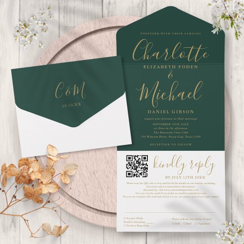 Emerald Green And Gold Script QR Code Wedding All In One Invitation