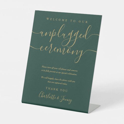 Emerald Green And Gold Script Unplugged Ceremony Pedestal Sign