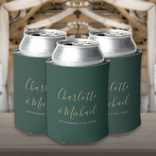 Emerald Green And Gold Script Wedding Can Cooler