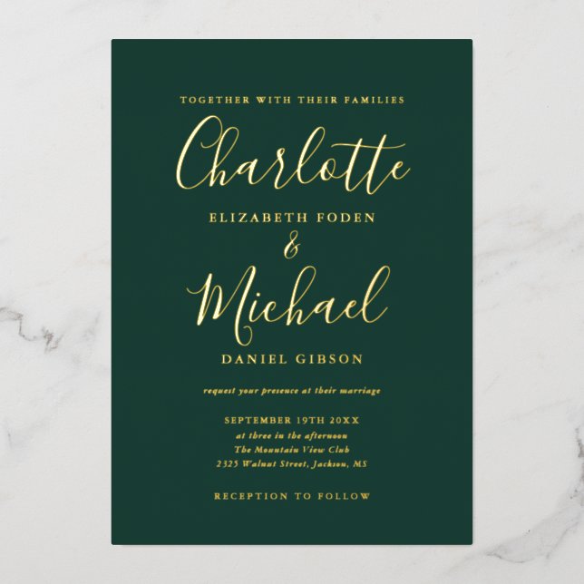 Emerald Green And Gold Script Wedding Gold Foil Invitation (Front)