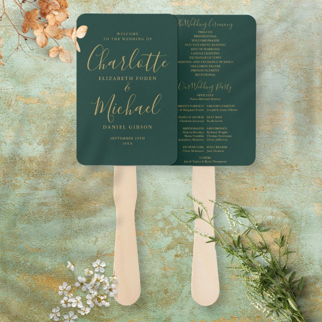 Emerald Green And Gold Script Wedding Program Hand Fan (Creator Uploaded)