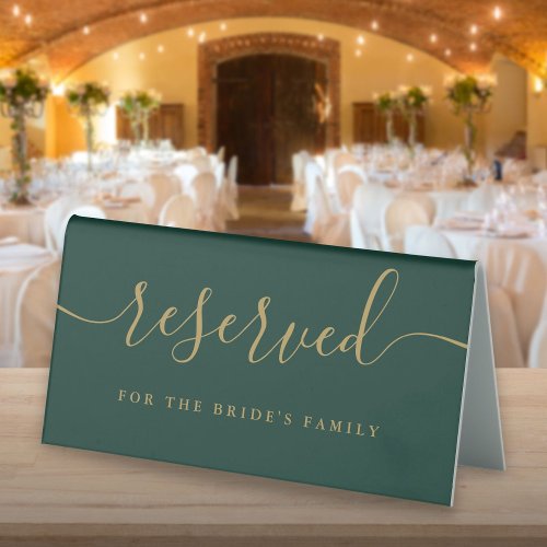 Emerald Green And Gold Script Wedding Reserved Table Tent Sign