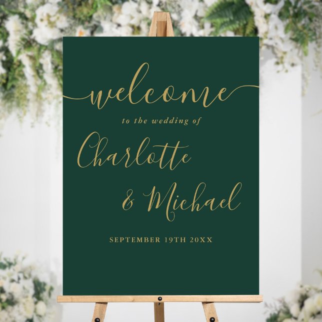 Emerald Green And Gold Script Wedding Welcome Sign (Emerald Green And Gold Script Wedding Welcome Sign)
