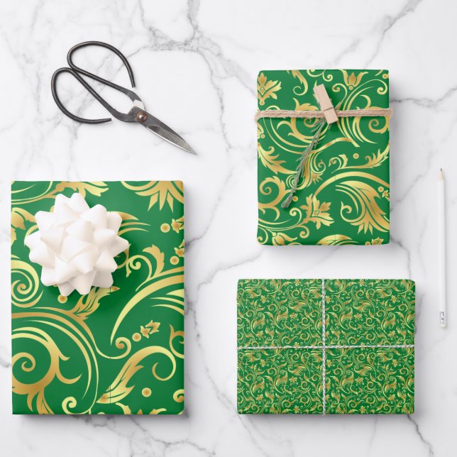 Emerald Green and Gold Scrollwork Wrapping Paper Sheets (Front)