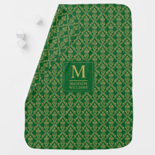 Emerald Green and Gold seamless Damask Pattern Baby Blanket