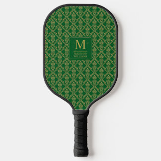 Emerald Green and Gold Seamless Damask Pattern Carbon Fiber Pickleball Paddle