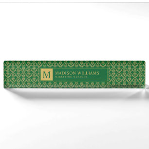 Emerald Green and Gold Seamless Damask Pattern Desk Name Plate