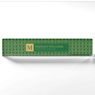 Emerald Green and Gold Seamless Damask Pattern Desk Name Plate