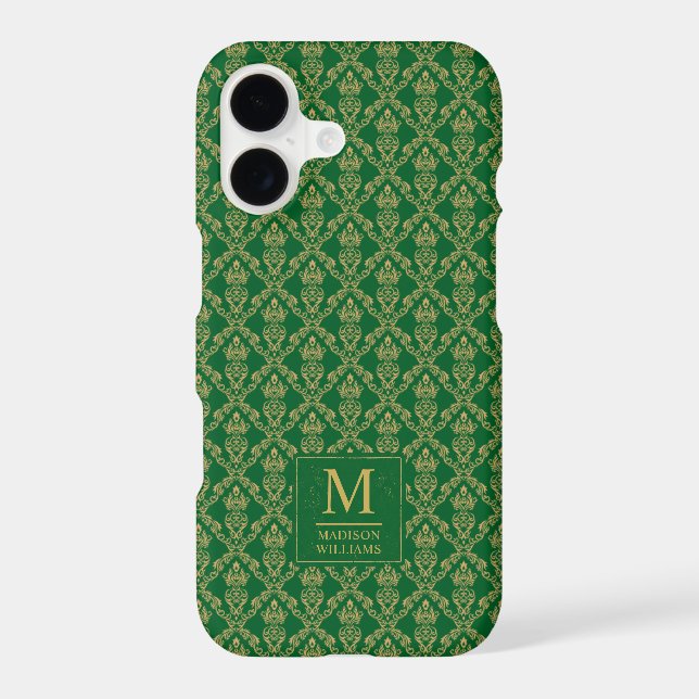 Emerald Green and Gold Seamless Damask Pattern Iphone Case (Back)