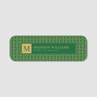 Emerald Green and Gold Seamless Damask Pattern Name Tag