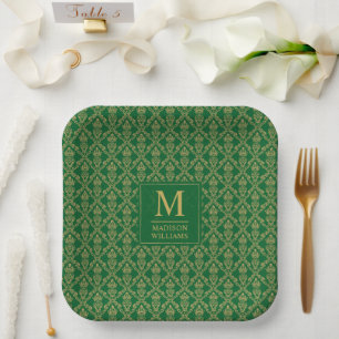 Emerald Green and Gold Seamless Damask Pattern Paper Plates