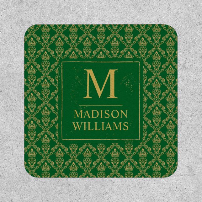Emerald Green and Gold Seamless Damask Pattern Patch (Front)