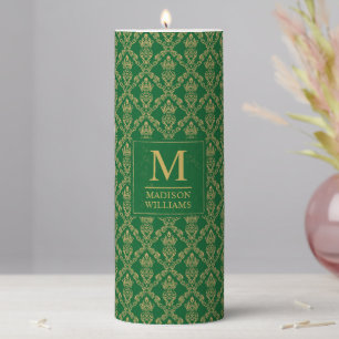 Emerald Green and Gold Seamless Damask Pattern Pillar Candle