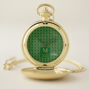 Emerald Green and Gold Seamless Damask Pattern Pocket Watch