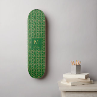 Emerald Green and Gold Seamless Damask Pattern Skateboard