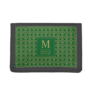 Emerald Green and Gold Seamless Damask Pattern Tri-fold Wallet