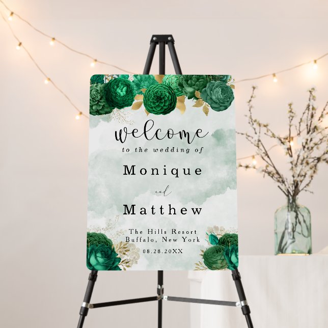 Emerald Green And Gold Shiny Wedding Welcome Foam Board (In Situ (Stand))