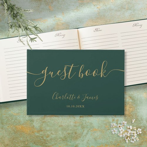 Emerald Green And Gold Signature Script Wedding Guest Book