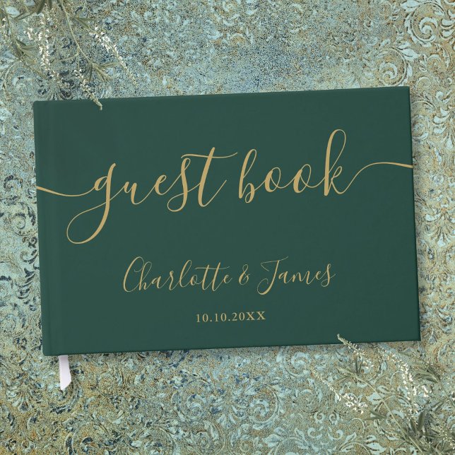 Emerald Green And Gold Signature Script Wedding Guest Book (Emerald Green And Gold Signature Script Wedding Guest Book)