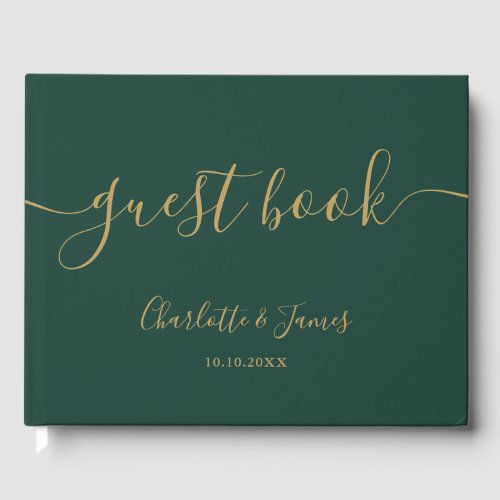 Emerald Green And Gold Signature Script Wedding Guest Book