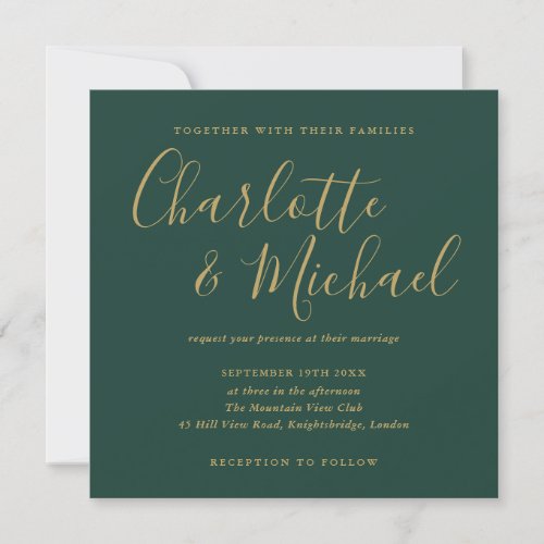 Emerald Green And Gold Signature Script Wedding Invitation