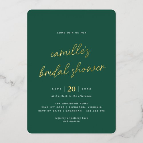 Emerald Green and Gold  Simple Bridal Shower Foil Invitation