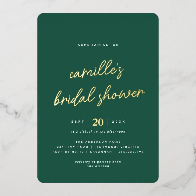 Emerald Green and Gold | Simple Bridal Shower Foil Invitation (Front)