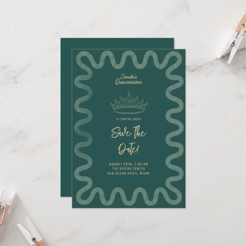 Emerald Green and Gold Squiggle Quinceañera Save t Invitation