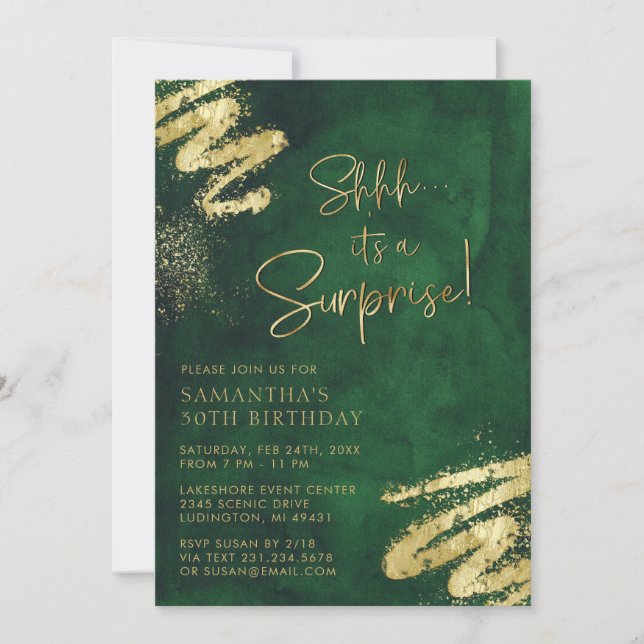 Emerald Green and Gold Surprise Birthday Party Invitation (Front)