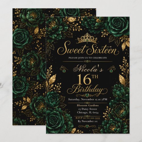 Emerald Green and Gold Sweet Sixteen Invitation