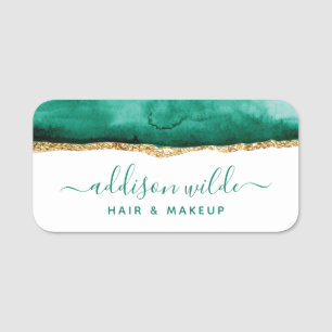 Emerald Green And Gold Watercolor Business Name Tag