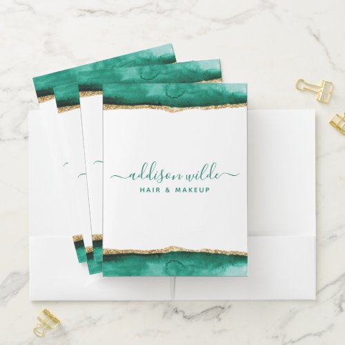 Custom Binders And Folders 12 Emerald Green And Gold Watercolor Business Pocket Folder