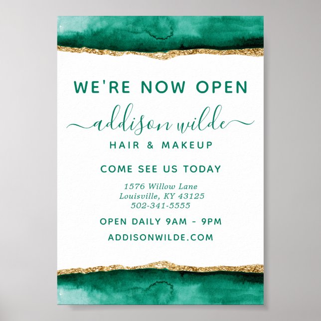 Emerald Green And Gold Watercolor Business Poster (Front)