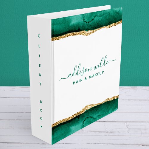 Emerald Green And Gold Watercolor Client Business 3 Ring Binder