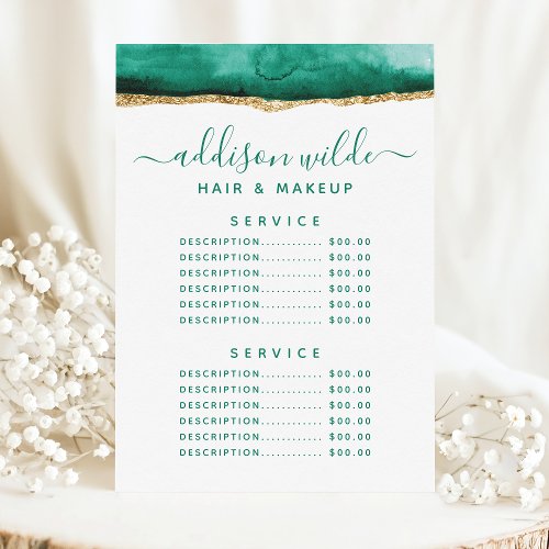 Custom Price Menus 12 Emerald Green And Gold Watercolor Service Price Menu