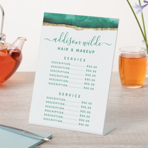 Custom Price Menus 13 Emerald Green And Gold Watercolor Service Price Pedestal Sign