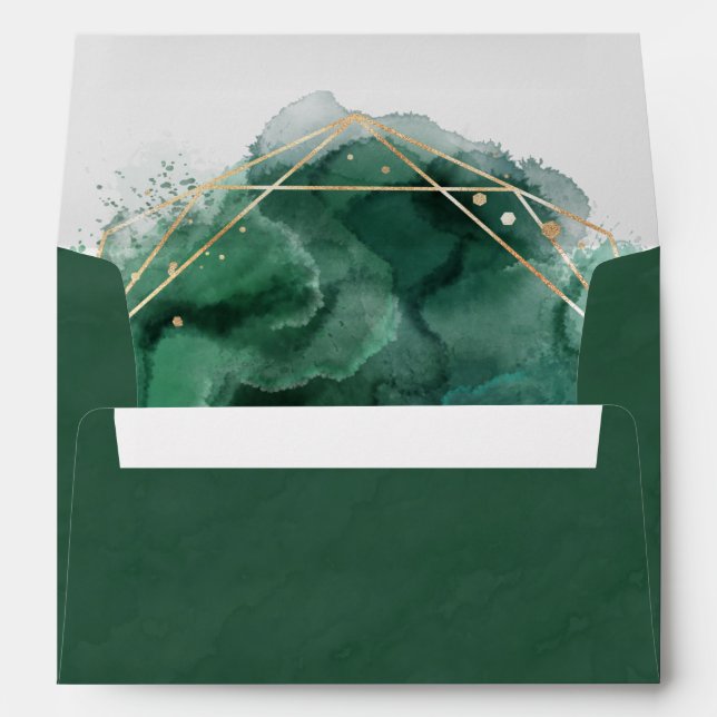 Emerald Green And Gold Watercolor Wedding  Envelope (Back (Bottom))