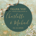 Emerald Green And Gold Wedding Favor Thank You Classic Round Sticker<br><div class="desc">Emerald green and gold signature wedding favor thank you classic round sticker featuring signature style names. Designed by Thisisnotme©</div>
