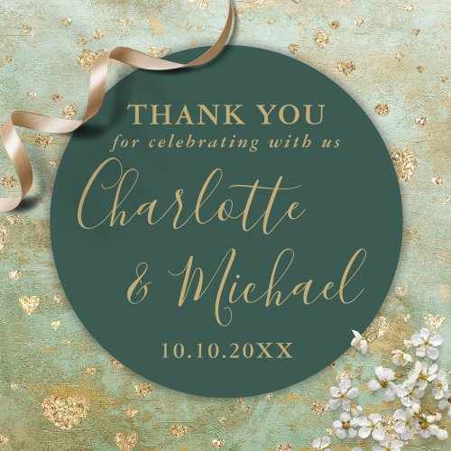 Emerald Green And Gold Wedding Favor Thank You Classic Round Sticker