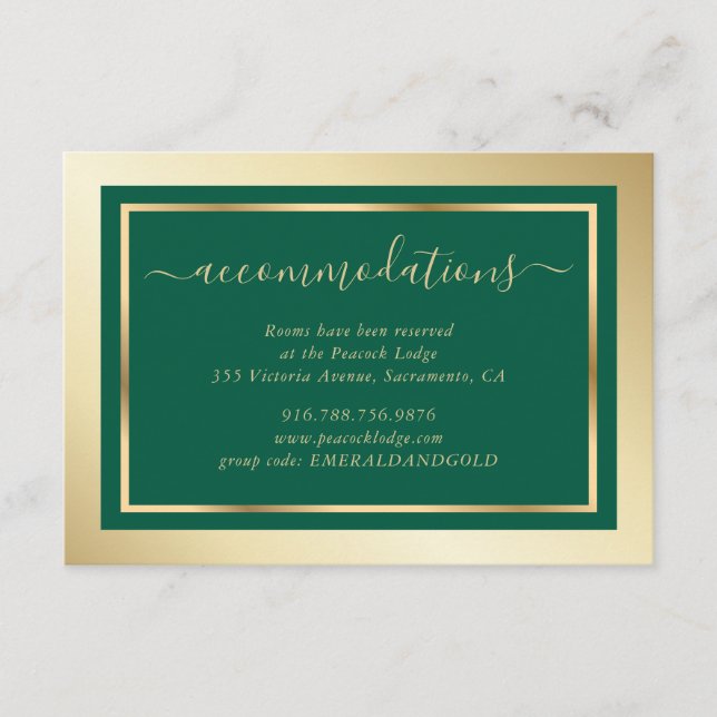 Emerald Green and Gold Wedding Hotel Accommodation Enclosure Card (Front)