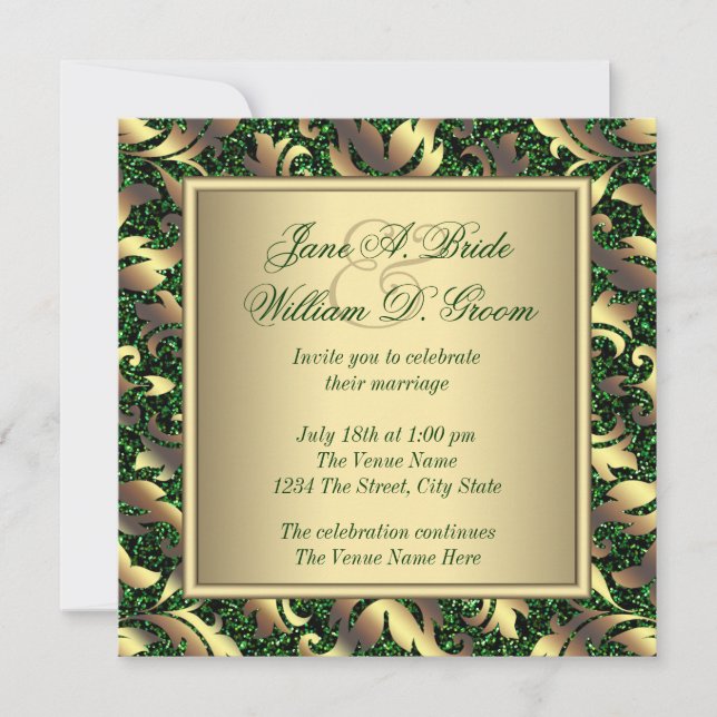 Emerald Green and Gold Wedding Invitation (Front)