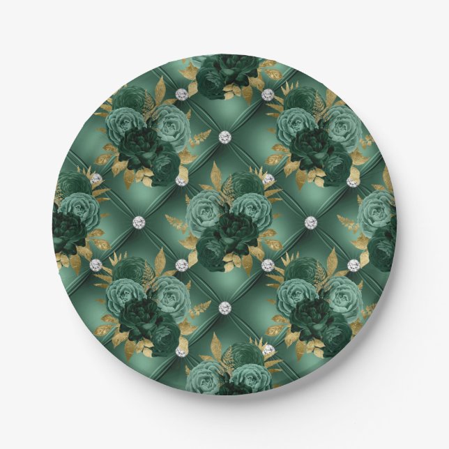 Emerald Green and Gold Wedding  Paper Plates (Front)