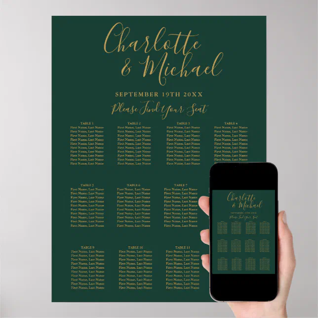 Emerald Green And Gold Wedding Seating Chart Zazzle