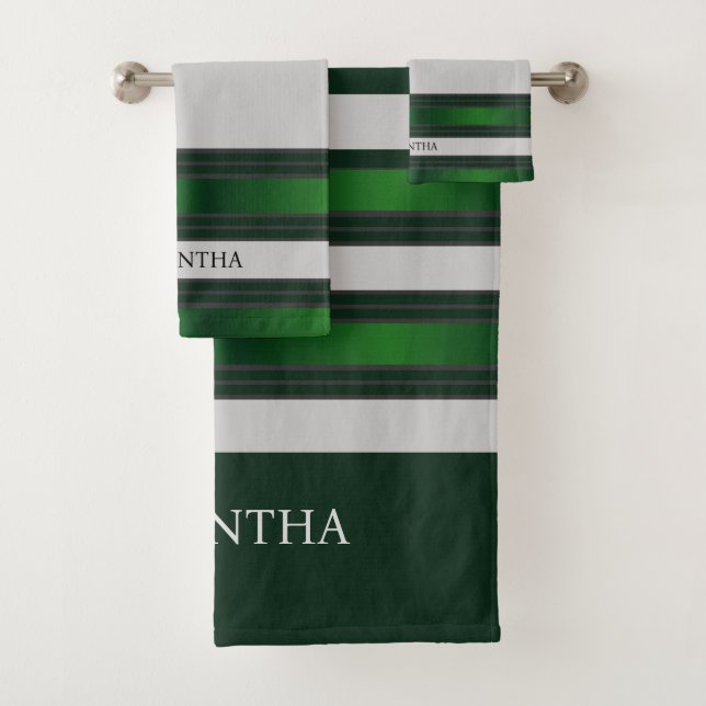 Emerald Green And Gray Geometric Stripes Name Bath Towel Set (Insitu)