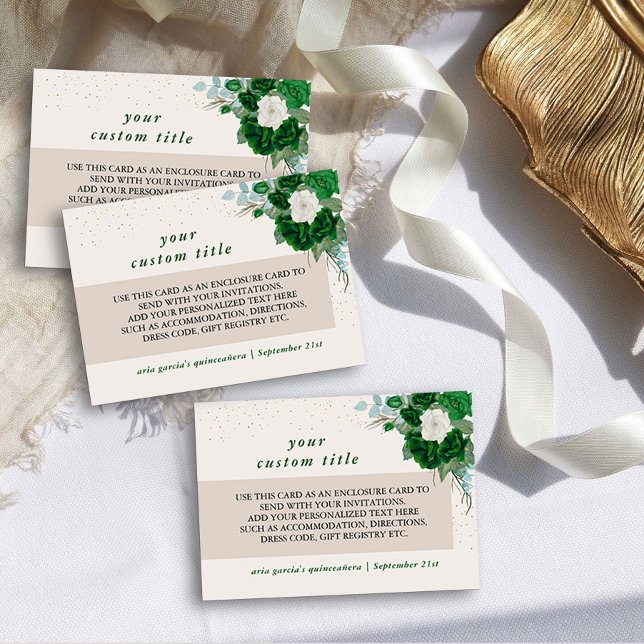Emerald Green and Ivory Rose Custom Details Enclosure Card (Custom enclosure cards from the Royal Rose Emerald Green Quinceanera Collection by Darling & May)