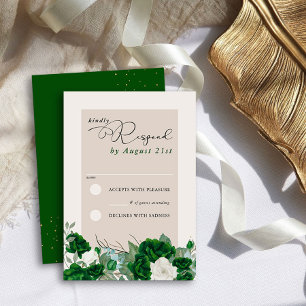 Emerald Green and Ivory Rose Elegant Floral RSVP Card