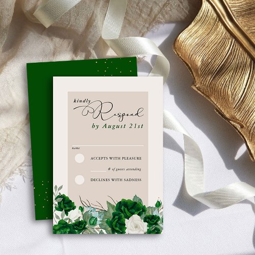 Emerald Green and Ivory Rose Elegant Floral RSVP Card