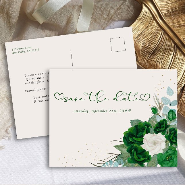 Emerald Green and Ivory Rose Floral Save the Date Announcement Postcard (Save the Date Postcard from the Royal Rose Emerald Green Quinceanera Collection by Darling & May)