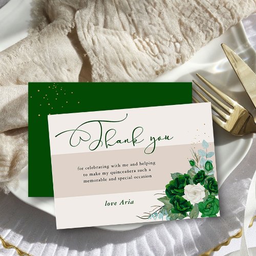 Emerald Green and Ivory Roses Elegant Calligraphy Thank You Card